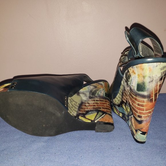 ZINC Dark Teal Blue Leather Peep Toe 5" Platform Wedge Heels Shoes 9.5M - Picture 4 of 5